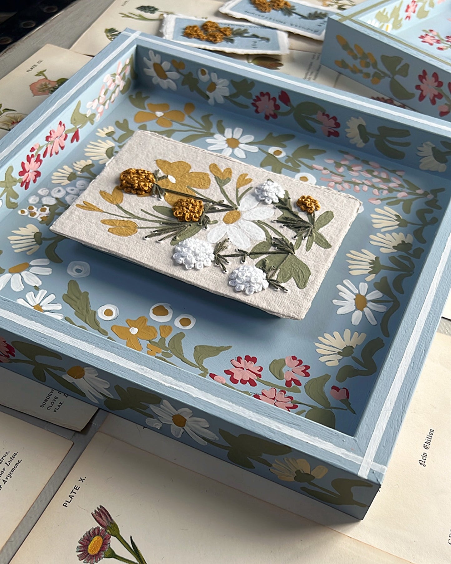 007 - Embroidered wild flowers on Handmade Paper with painted Frame.