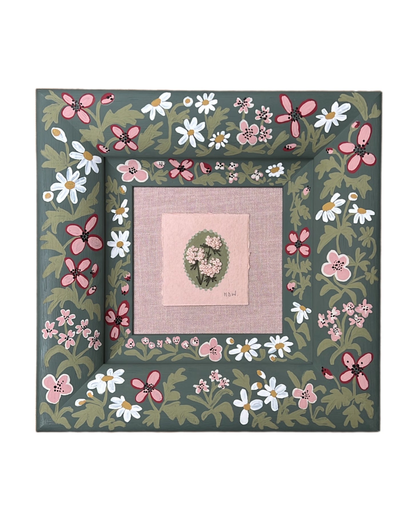 001 - Embroidered wild flowers on Handmade Paper with painted Frame II