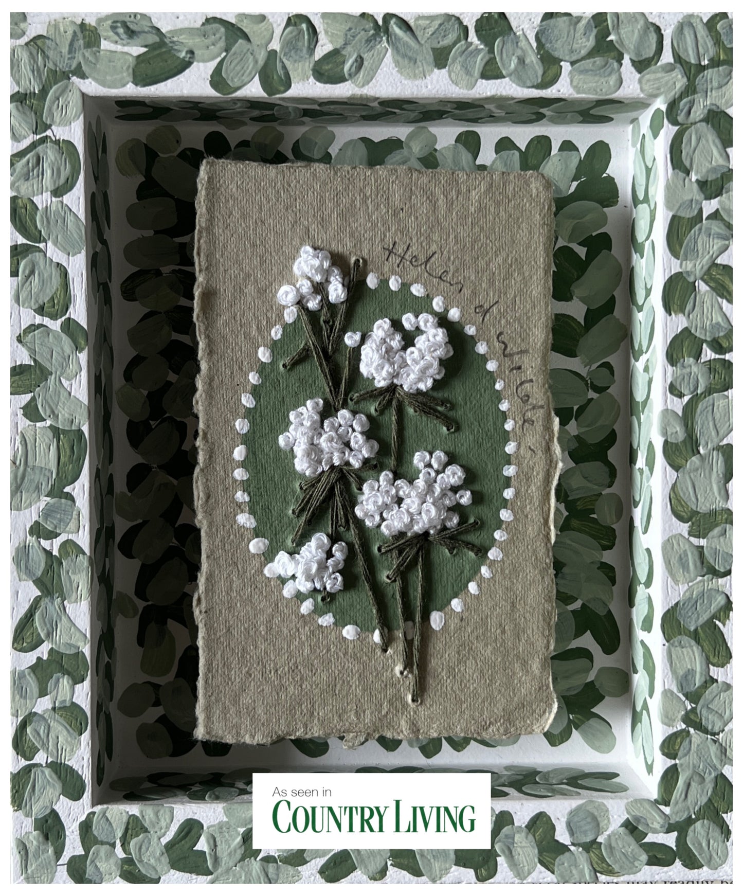 000 - PRE ORDER - Embroidered wild flowers on Handmade Paper - Framed in Green