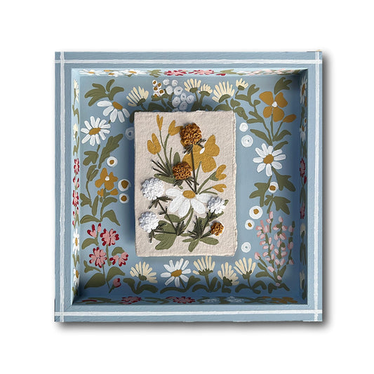 005 - Embroidered wild flowers on Handmade Paper with painted Frame.