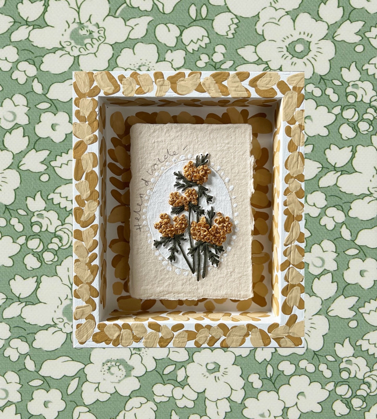 004 - PRE ORDER - Embroidered wild flowers on Handmade Paper - Framed in Yellow