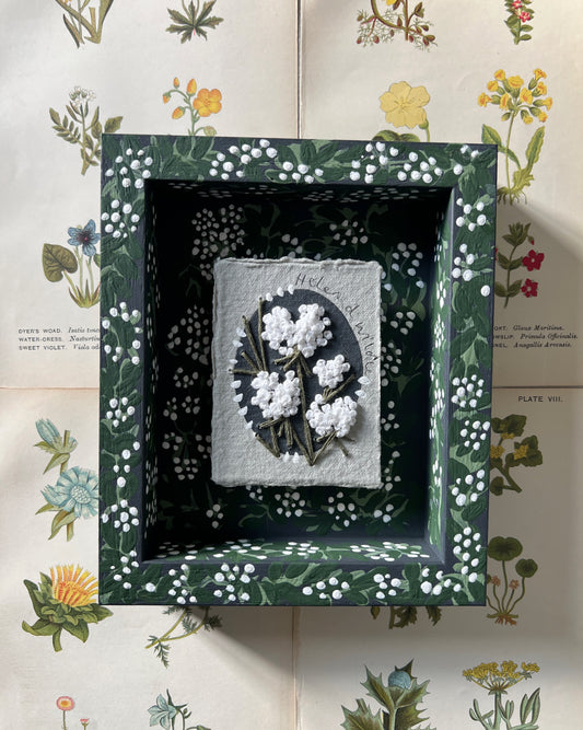 018 - Embroidered wild flowers on Handmade Paper - Framed in Midnight Garden