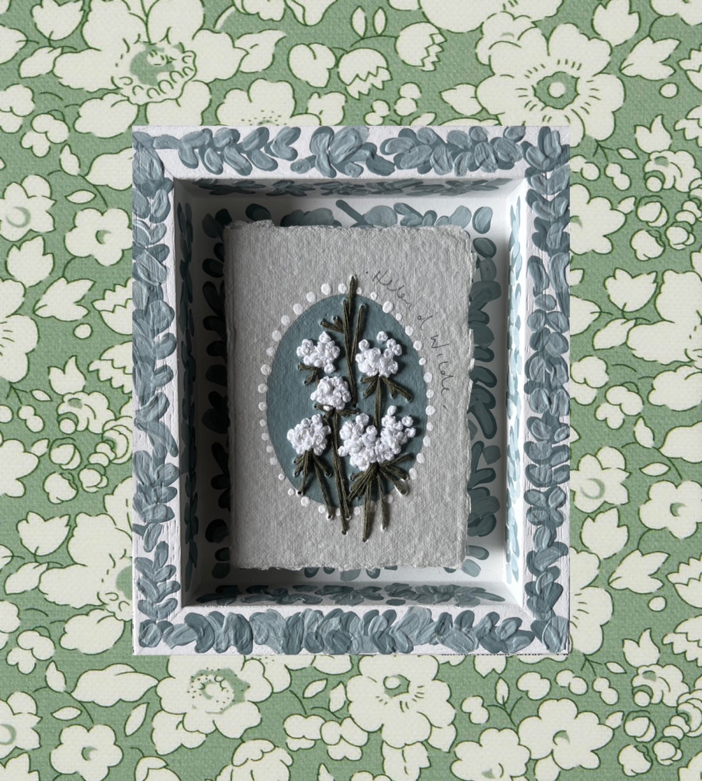 010 - PRE ORDER - Embroidered wild flowers on Handmade Paper - Framed in Blue.