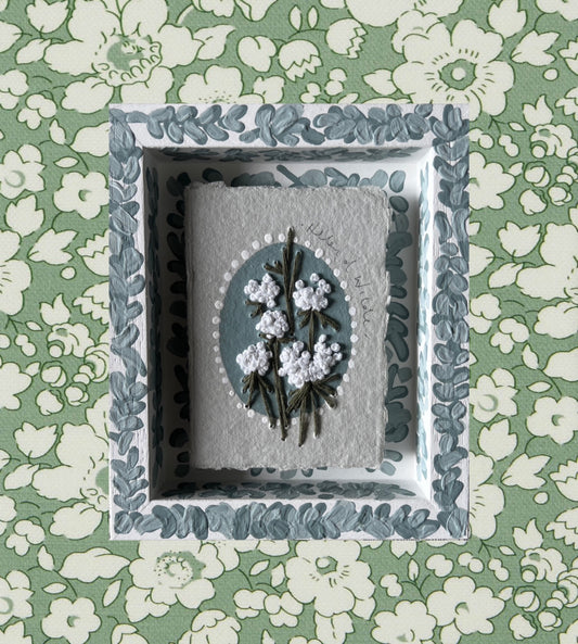010 - PRE ORDER - Embroidered wild flowers on Handmade Paper - Framed in Blue.