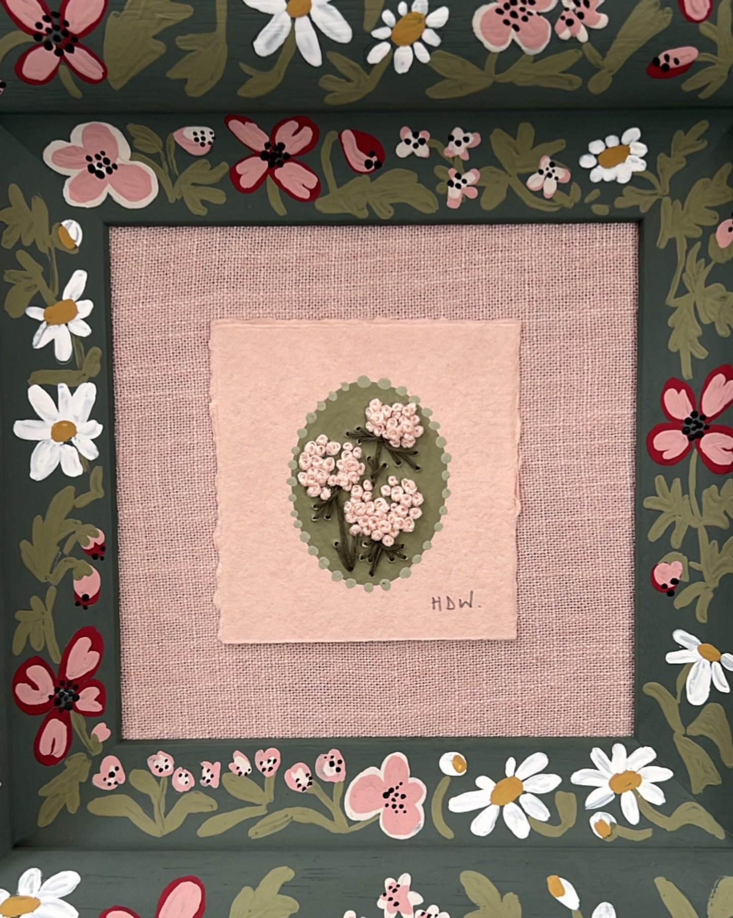 001 - Embroidered wild flowers on Handmade Paper with painted Frame II