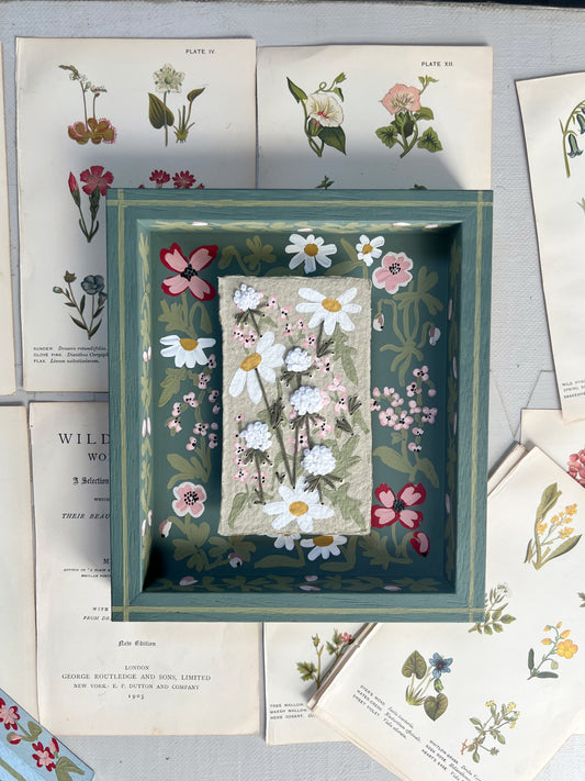 001 - Embroidered wild flowers on Handmade Paper with painted Frame.