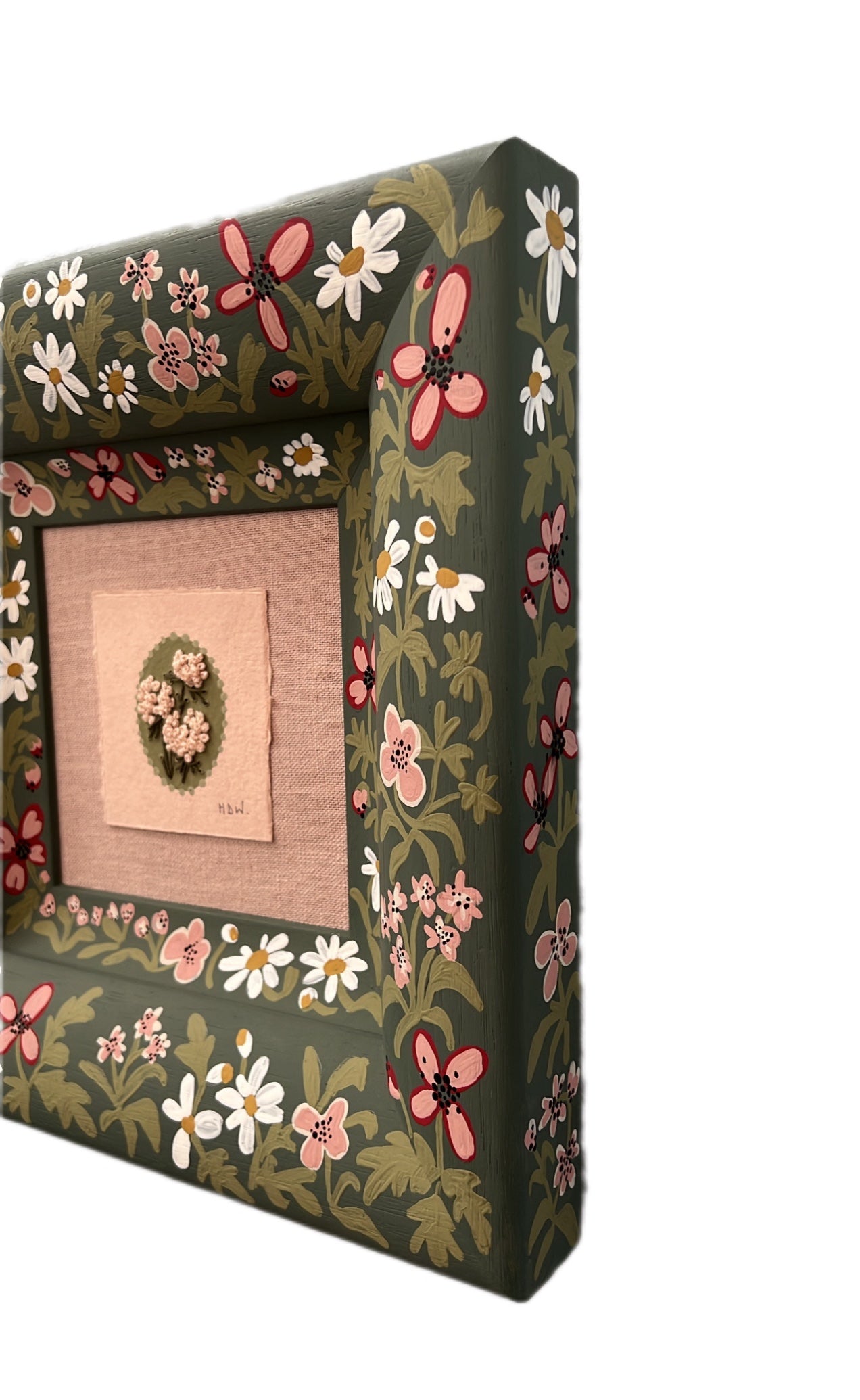 001 - Embroidered wild flowers on Handmade Paper with painted Frame II