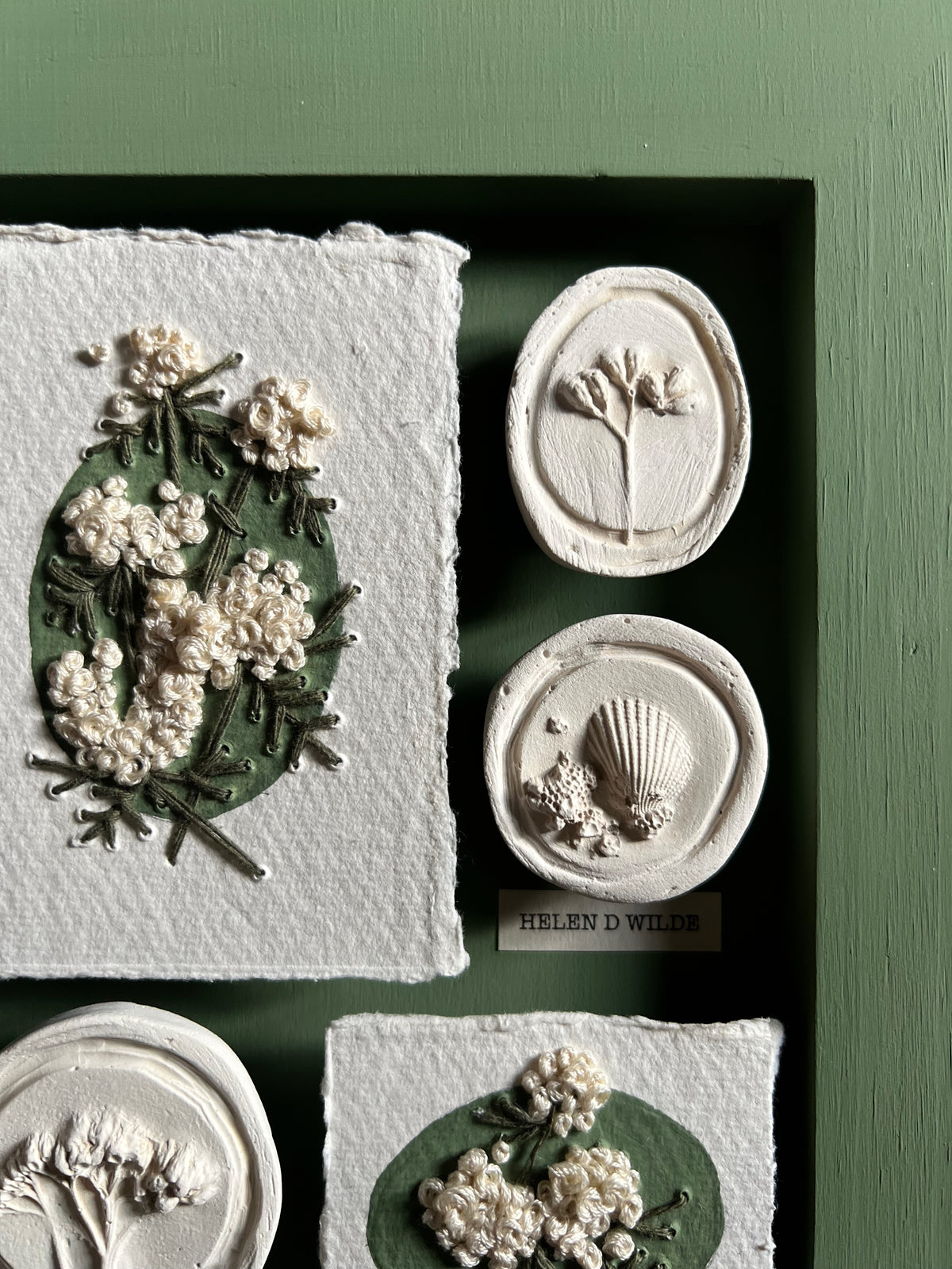 002 Framed plaster Intaglios & paper embroidery - in Calke Green