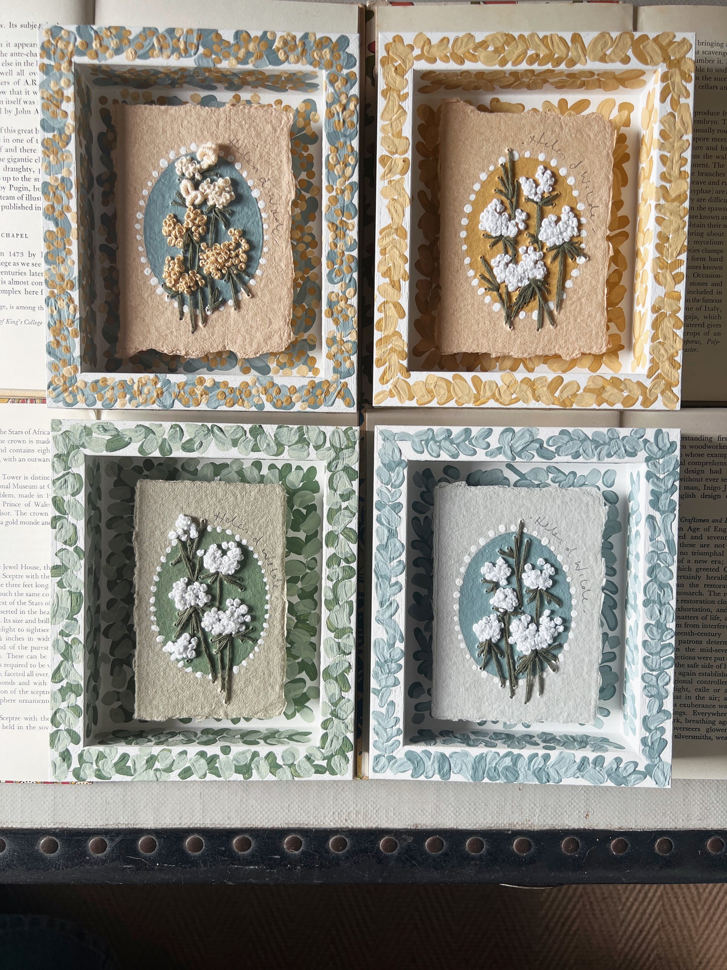 000 - Embroidered wild flowers on Handmade Paper - Framed in Green