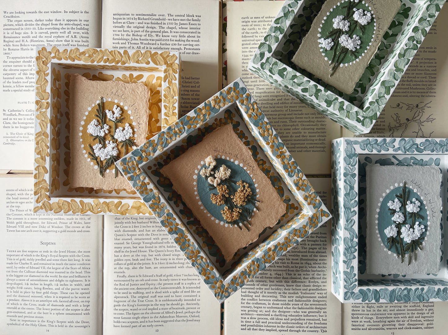 000 - Embroidered wild flowers on Handmade Paper - Framed in Green