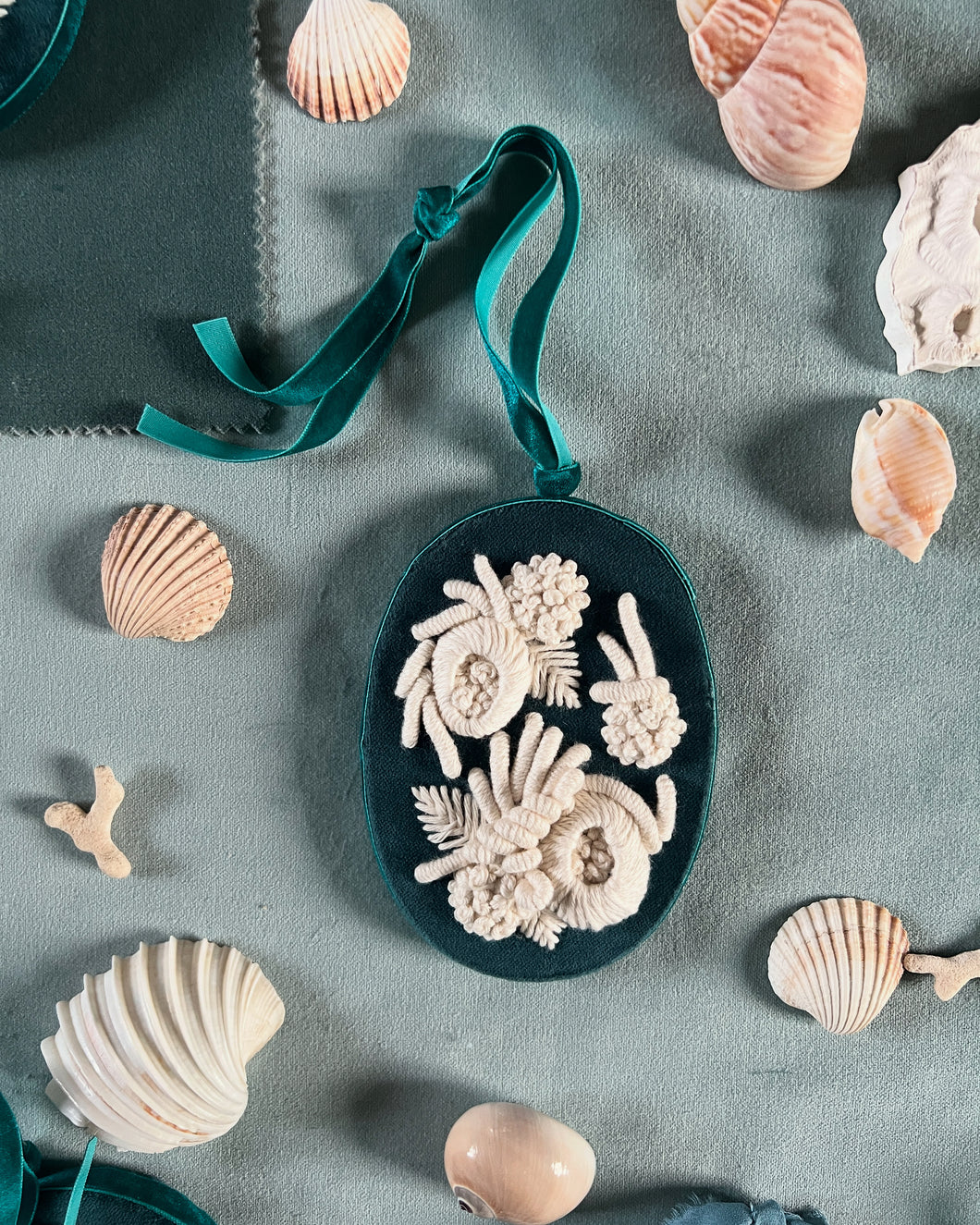 Coral Embroidery - Teal Blue Velvet Oval II